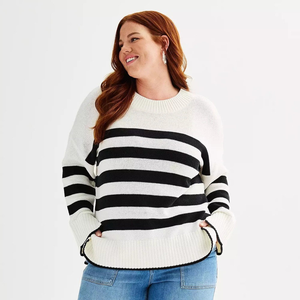 Plus Size Sonoma Side Slit Crewneck Sweater 4X Ivory Black Striped